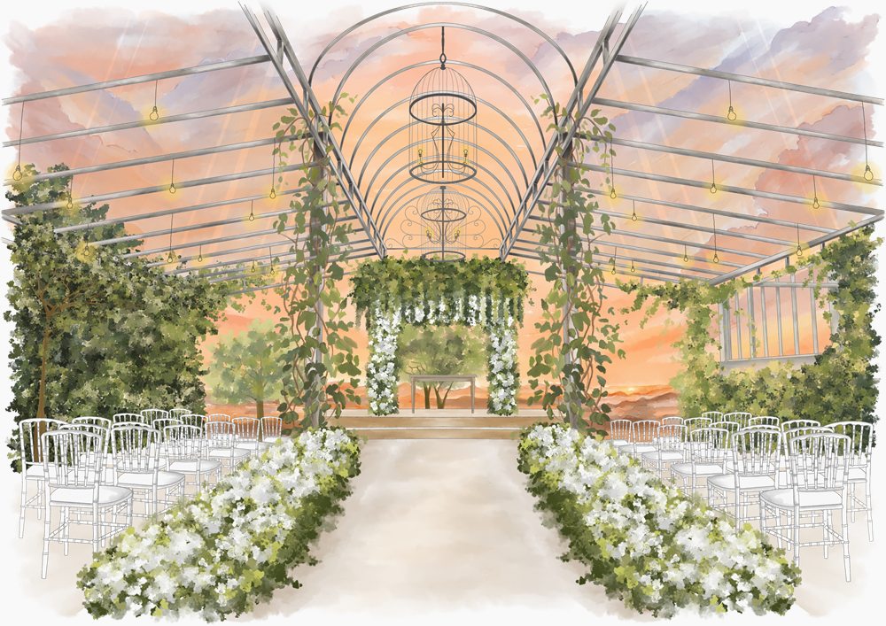 Ilustração em aquarela do Welucci Sansu, com a estufa de vidro e o corredor de flores brancas